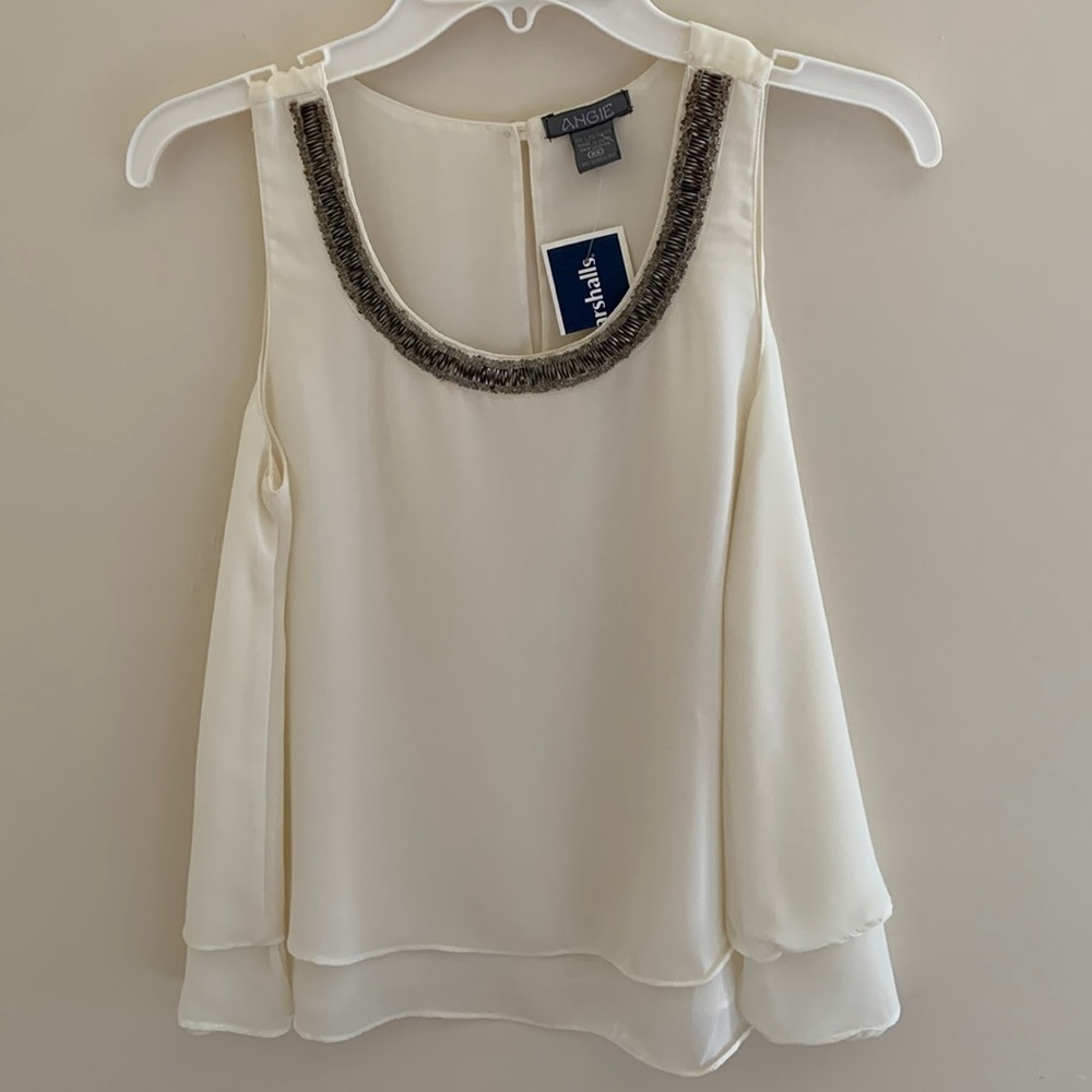 Angie Flared Tiered Femi Sleeveless Blouse w/ Beaded Neckline & Keyhole Back